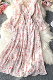 Autumn Women Floral Long Dress Vintage V-Neck Flare Sleeve Backless High Waist A-Line Big Swing Maxi Vestidos New