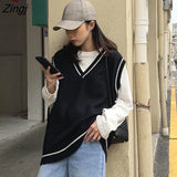 Women Simple All-match Patchwork Korean Style V-neck Knitted Trendy Womens Leisure Students Sleeveless Female Vintage