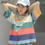 Sleeve T-shirts Women Rainbow Colors Stripped Fashion Summer Student Sweet Girls Clothes Leisure Breathable Ins