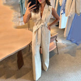 Zingj New Fashion Polo Collar Waist Solid Color Wide-Leg Jumpsuit Woman-Outfit