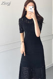 Chic Korean Temperament Slim Sexy Hollow Out Dresses O Neck Short Sleeve Wrap Hip Knitted Dress White Lady Summer
