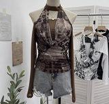 Hottie Hanging Neck A Word Shoulder Collar Long Sleeve Mesh Yarn T-Shirt