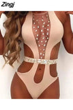 Sexy Women Bikini One-Piece Bodysuit Swimsuit Beachwear Halter Backless Push-up Diamond Hollow Out Monokini Bathing Suit