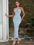 Sleevless Hollow Out Long Dress Women Blue Strap Backless Folds Bodycon Maxi Dress Summer Elegant Evening Party