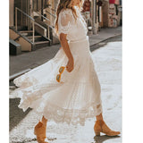 2022 Summer Boho Women Maxi Dress Vintage Polka Dot White Lace Long Tunic Beach