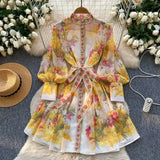 Style Dress Women High-End Elegant Collar Lantern Sleeve Single Buckle Waist Print Chiffon Long