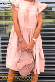 Women's Summer Casual Maxi Boho Dresses Ruffle Sleeve Round Neck Mini Dress Loose Solid Short Beach Dresses