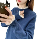 Half-High Collar Sweater In Autumn And Winter 2025 Women Loose Outer Wear Lace Stitched Knitted Bottom Shirt