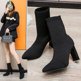 Flying Elastic Skinny Boots Women Autumn Large-Size High-Heeling Mid-Clinity Fashion Short Boots
