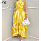 Elegant One Shoulder Striped Colorblock Sleeveless Asymmetric High Waist Casual Maxi Dresses Fashion Sexy Skinny