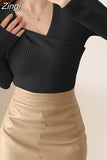 Women Wrap Slim Bodycon Dress Diagonal Collar Long Sleeve Sheath Knitwear Office Midi Dresses Female Autumn Winter