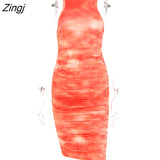 Tie-Dye Print Ruched Christmas Dress For Women Long Sleeve Sexy Bodycon Winter Dress Elastic Pleated Casual Party