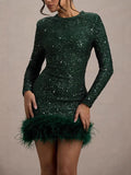 Women's Dress Sexy Dress Long Sleeve Solid Color Sequin Feather Dress Round Collar Woman