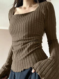 Square Neck Flare Sleeve Slim Knit- Outfit