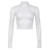 Solid Color Temperament Sunscreen Lace Lace Perspective Long-Sleeved Half-Neck T-Shirt Top