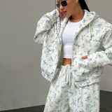Sale Of Broken Flower Hoodie Set Of Women's Short Zipper Coat Draw Rope Wide Leg Pants Fresh Print Autumn And