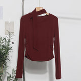 Ribbon Scarf Hanging Neck Long-Sleeved T-Shirt Girl 2024 Autumn Slim Thin Folded Bottom Shirt