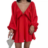 Autumn Women's Skirt Lantern Sleeve V Collar Sexy Temperament High-End French Retro