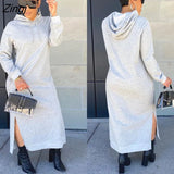 Women Long Sleeve Hooded Dress Solid Color Side Split Skinny Long Sweatshirts Winter Autumn Thermal Casual