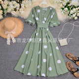 Zingj Big Wave Point Foreign Air Horn Short Sleeve Temperament V Neck Tie Closed Waist Show Thin Long Dress Female Summer