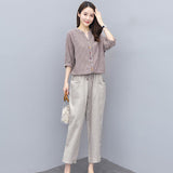Suit Women 2025 Summer New Women's Version Of The Striped Top Nine Trousers Linen Two Sets Of