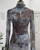 Shooting Denim Pattern Dye Printing Retro Babes Thin Mesh T-Shirt High-Necked Long Sleeve Bottom Shirt Top