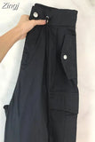 Women Casual Wide Leg Cargo Pants Vintage Low Waist Drawstring Joggers Tech Pants Solid Button Hippie Streetwear Baggy