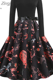 Women Christmas Dress 2023 Winter Long Sleeve Black Print Elegant Vintage Party Dresses Robe Femme