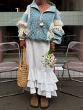 Spliced Denim Jacket Zipper French Hollow Cake Bubble Sleeve Long Sleeve Autumn And Winter
