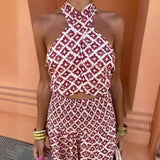Women's Clothing INS Burst Out Shoulder-To-Shoulder-Back Cover Hanging Neck Print High-Rise Half-Body Skirt