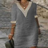 And Summer New Solid Color V-Neck Sleeve Cotton Temperament Elegant Dress