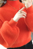 Mohair Women Sweaters Turtleneck Soft Lantern Sleeve Short Pullovers Fashion Autumn Winter Sweater Solid Women