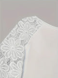 Women's T-Shirt White Seven-Sleeved Lace Splicing Round Tie Solid Color Shirt