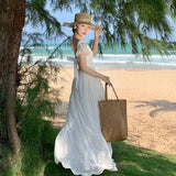 Zingj Sense White Hollow-Out Embroidery V Neck High Waist Show Thin Back Dress Sanya Beach Holiday Beach