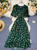Women Polka Dot Midi Dress Vintage V-Neck Short Flare Sleeve Bandage A-Line Vestidos Female Casual Robe New