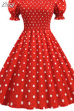 Dot Party Dress Elegant Women Summer Puff Short Sleeve Square Collar Elastic Waist Vintage Midi Sundress Casual