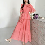 Wear Women's Summer Dress High-Sense Three-Dimensional Flowers Strap To The Waist Short Sleeve Pressure Folding Blouse High Waist Half-Body Skirt