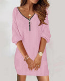 Explosion Autumn And Winter Simple Solid Color V-Neck Knitted Long-Sleeved Dress Women's