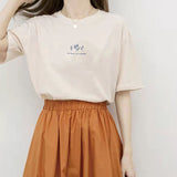Zingj Sleeve Korean Round Collar T-Shirt Female 2024 Summer Loose Plant Print Casual Solid Color Student Half Sleeve Top