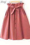 Women Casual Cotton Skirts 2023 Spring Summer Korean Style Solid Elegant High Waist Single-Breasted Bow Lace Up A-Line Midi
