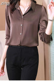 Spring Shirt Women Long Sleeve Satin Fashion Solid Ladies Tops Blouse Single-breast Button Chiffon Turn-down Collar