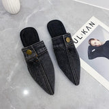 Denim Cloth Flat Bottom Baot Slippers Women Wearing Large-Size Pointed Mule Half-Dragging Single Shoes