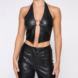 Zingj Summer New Women's Fashion Hanging Neck Sexy Hollow Out Back Slim Crop PU Small Vest