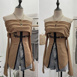 Picts Single-Layer Mesh Yarn Micro-Sleeved T-Shirt Word Shoulder-Pollid Letter Open Fork Top