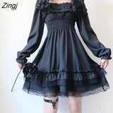 Goth Lolita Dress Women Autumn Elegant Square Collar Puff Sleeve Midi Dress Sweet Kawaii A-line Party Vestidos De