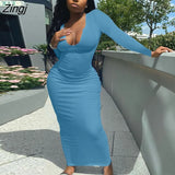 Women Fashion Spring Autumn Ribbed Knitted Dress Solid Color U-shaped Collar Long Sleeve Long Dress