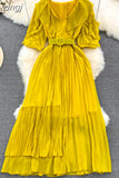 Vintage Women Irregular Pleated Dress Elegant V-Neck Ruffle Short Puff Sleeve High Waist Draped Midi Robe With Belt