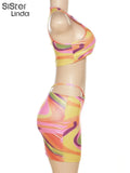 Colorful Print Elegant Two Piece Sets Women Summer Sleeveless Trend Tank Tops+Hollow Skirts Female Vacation