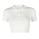 Zingj Collar Top Women's Short Sleeve Knit Shirt Short Summer White Lapel Striped Niche Slim