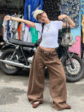 Retro Style Folded Design Low-Rise Jeans Street Babes Women's New Personality Loose-Legged